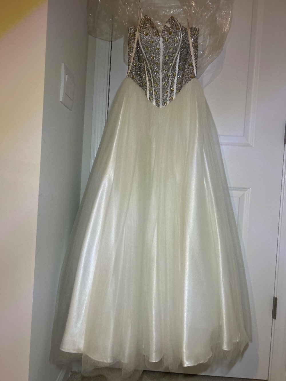 White Strapless Ball Gown Dress Sequin Bodice Dress XS